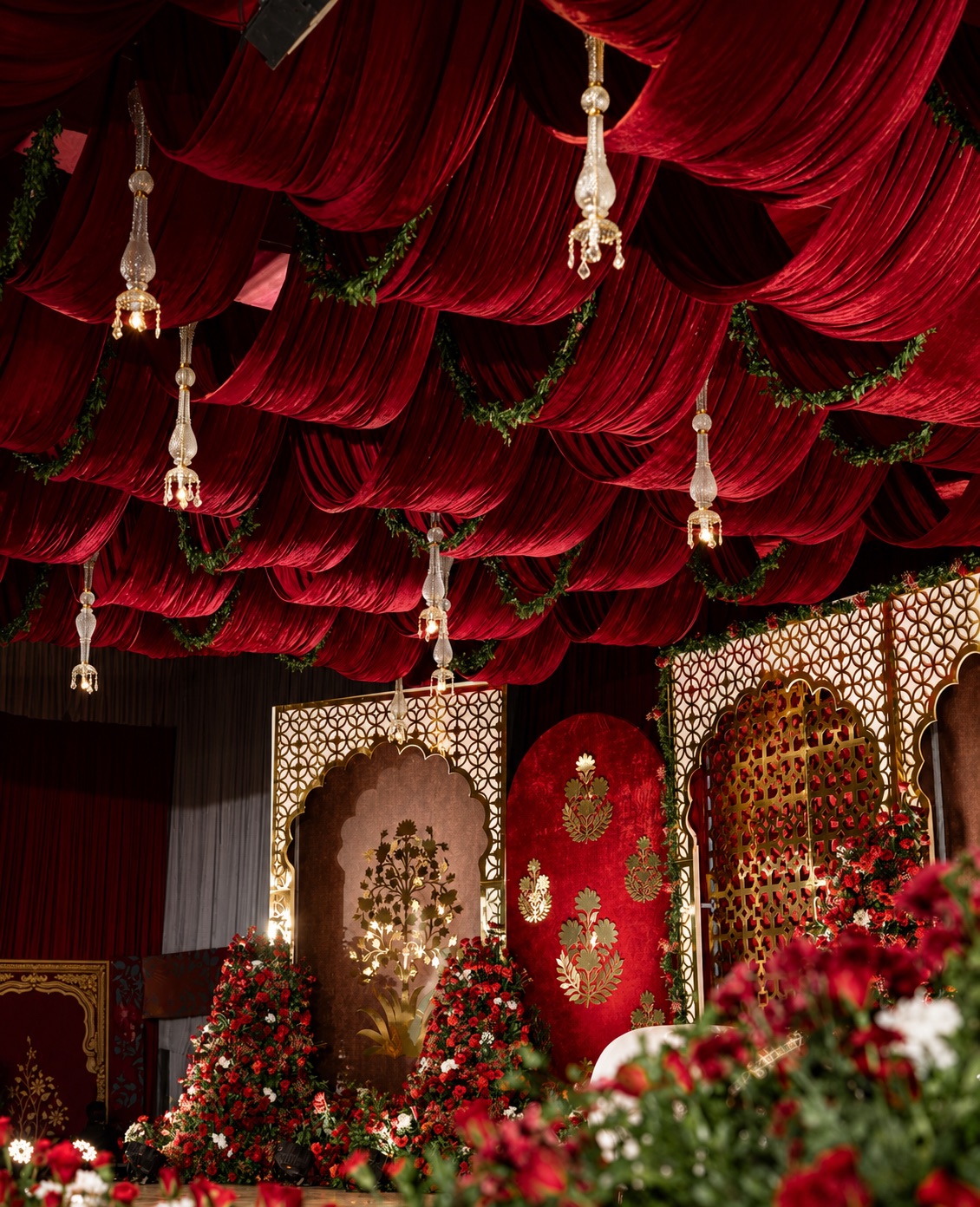 Pink and orange mandap stage decor